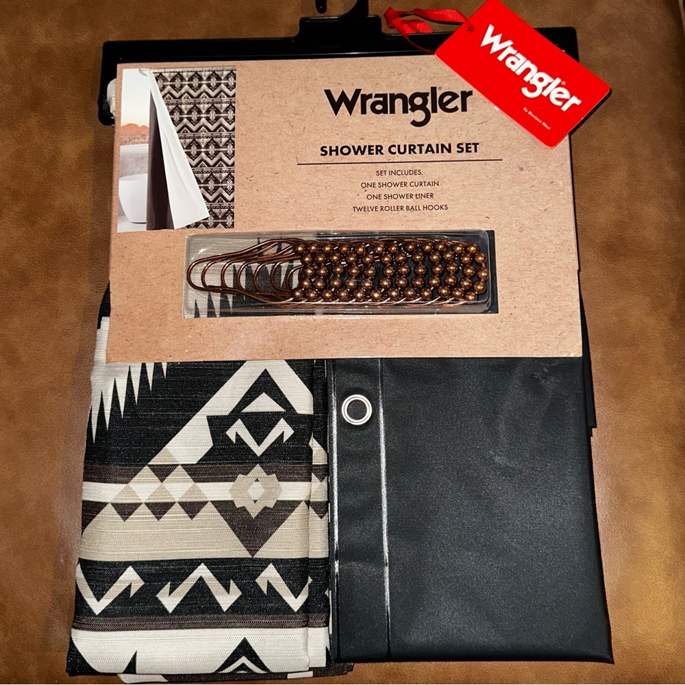 NEW Wrangler Geometric Black, Browns and Cream Shower Curtain Set